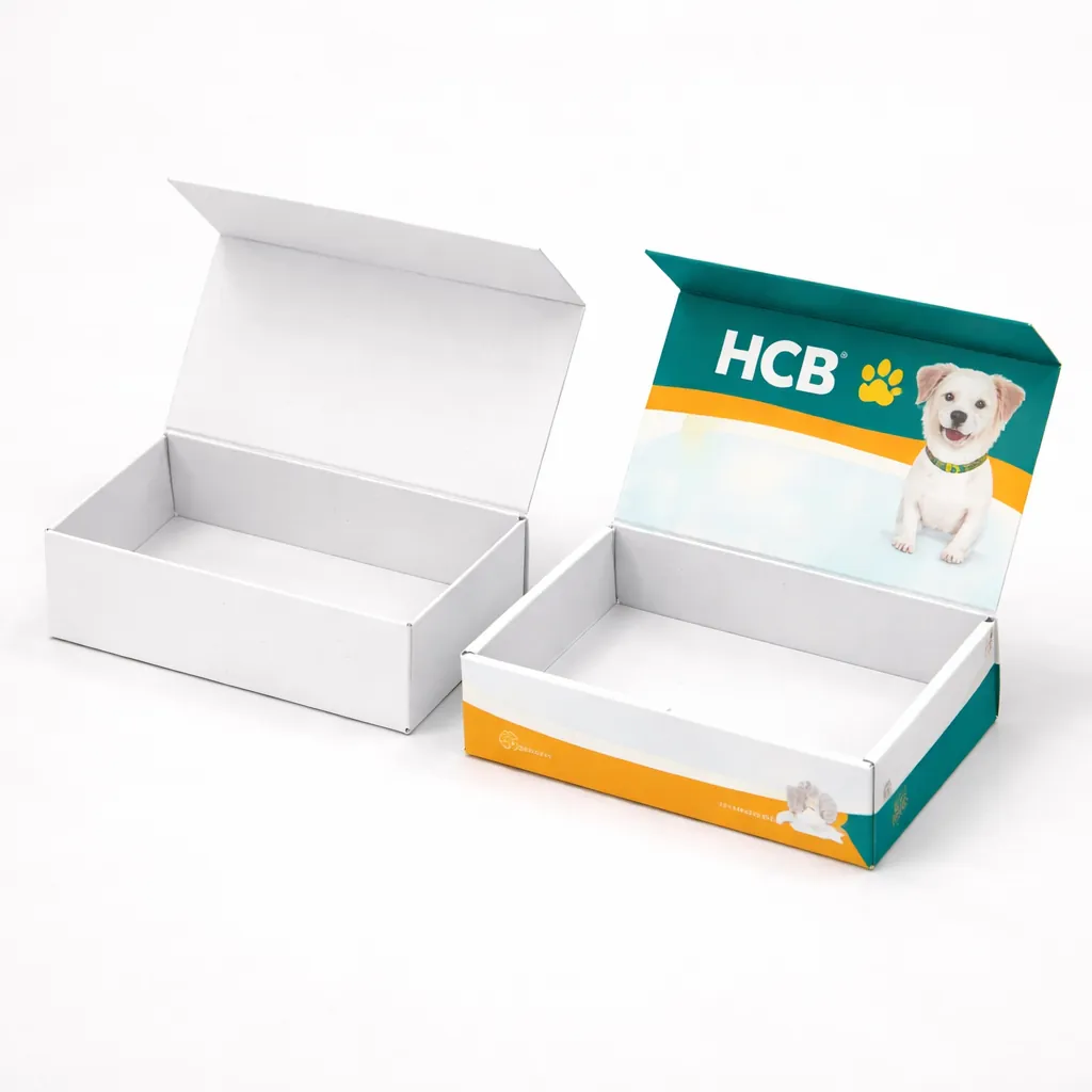 Two open flat-style boxes, one minimalist white and one with a colourful dog graphic and HCB logo. class=